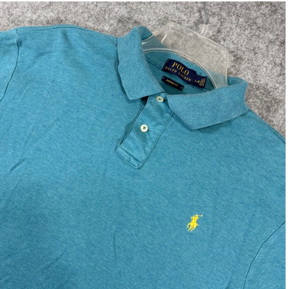 Polo Ralph Lauren Polo Shirt Mens L Teal Custom Fit Short Sleeve Yellow Pony